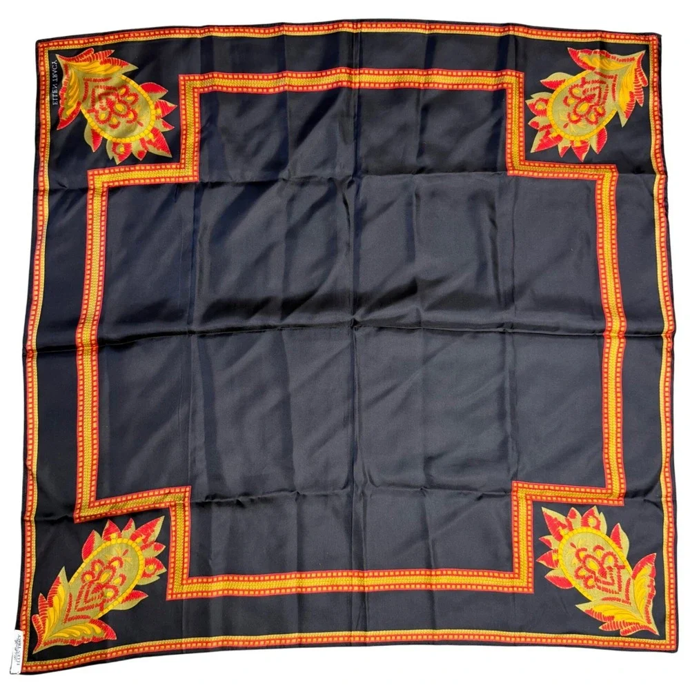 Linda Allard For Ellen Tracy Silk Scarf Black Red Gold Square Silk Scarf